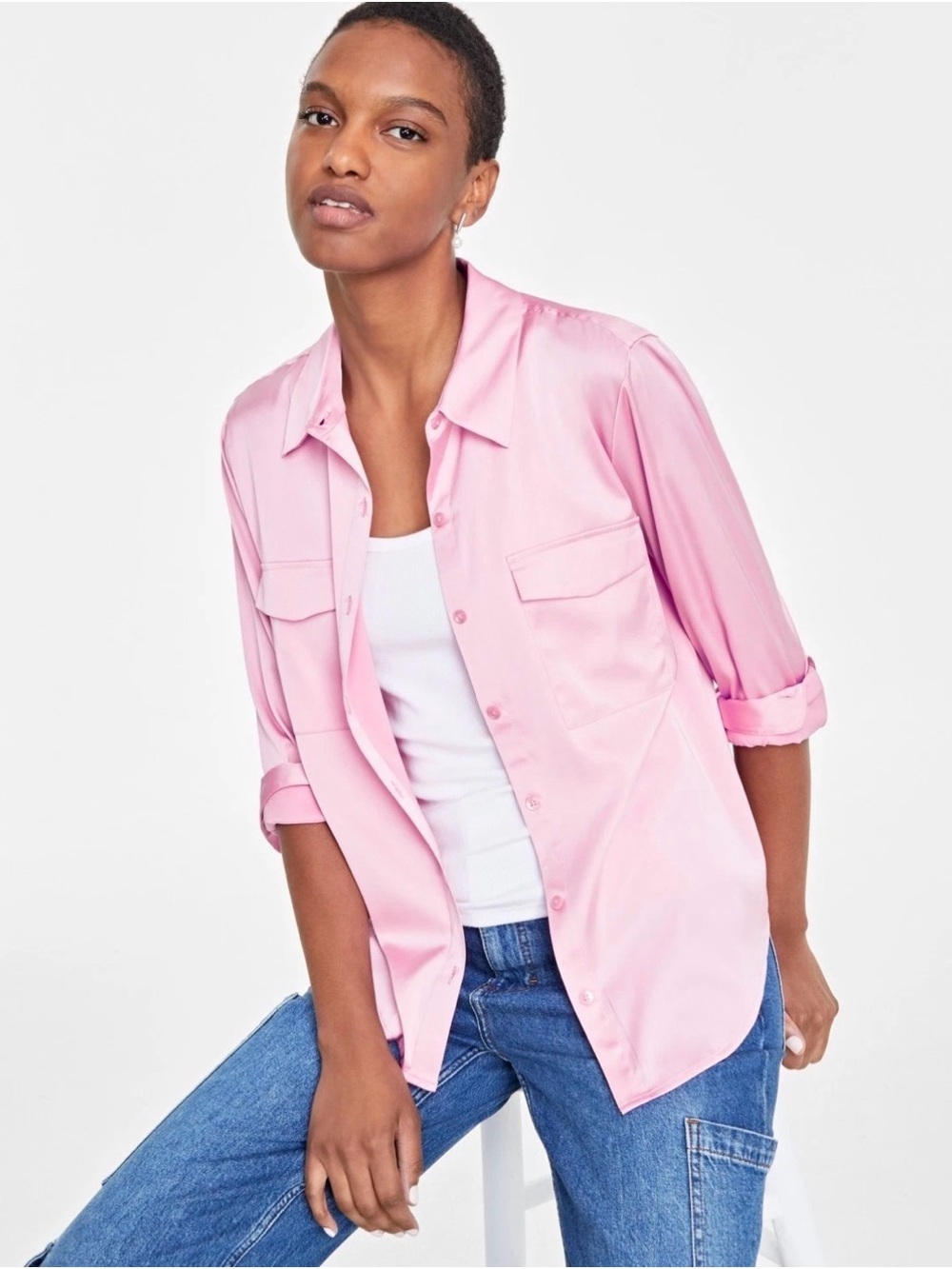 On 34th Pink Satin Button Down Blouse Women’s M Utility Pocket Long Sleeve